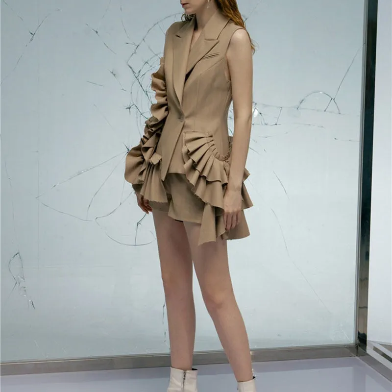 khaki Suit For Women Patchwork Ruffle Ruched Sleeveless