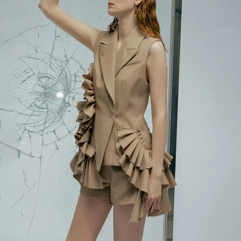 khaki Suit For Women Patchwork Ruffle Ruched Sleeveless