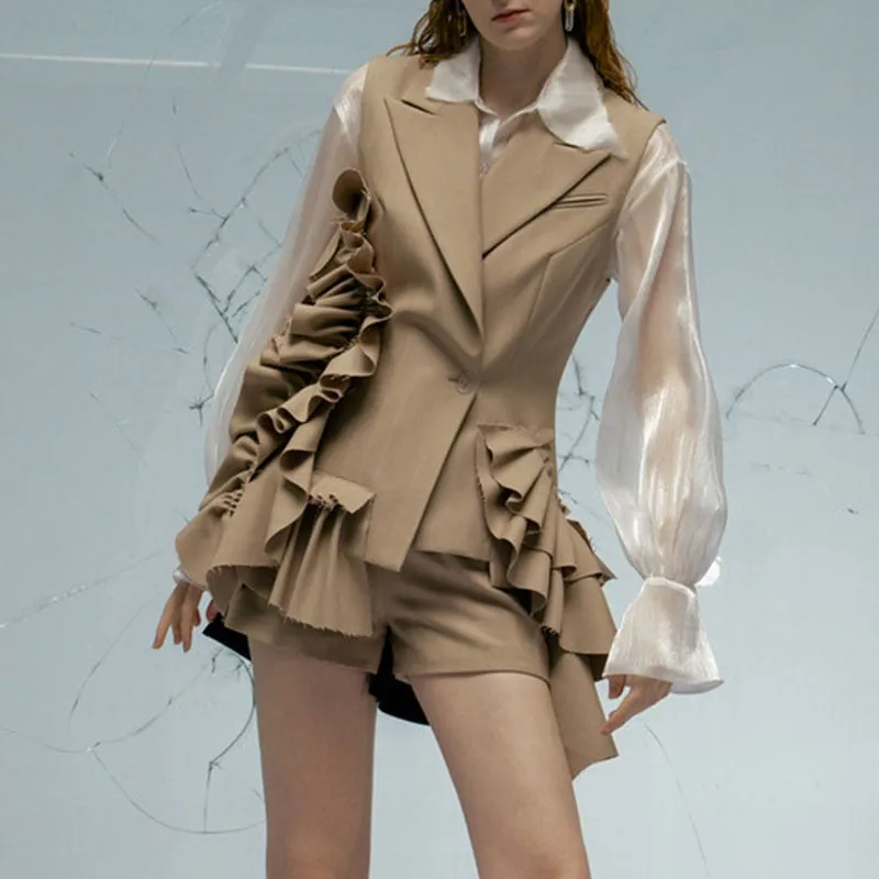 khaki Suit For Women Patchwork Ruffle Ruched Sleeveless