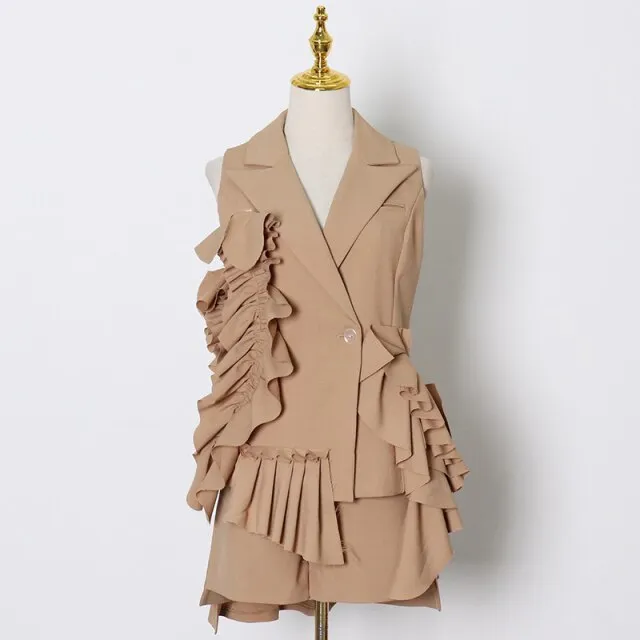 khaki Suit For Women Patchwork Ruffle Ruched Sleeveless