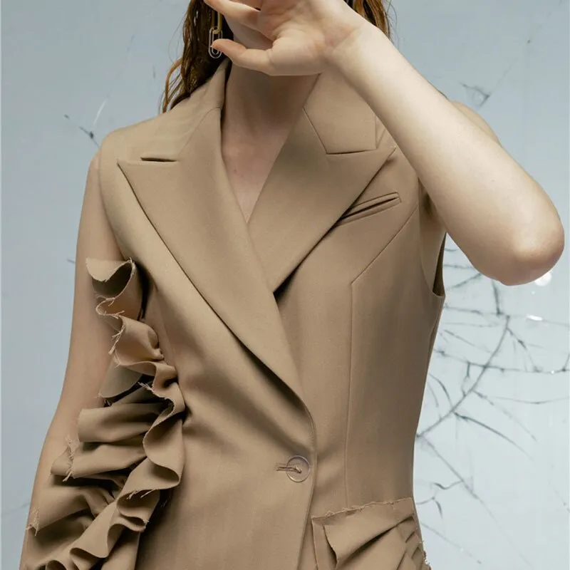 khaki Suit For Women Patchwork Ruffle Ruched Sleeveless