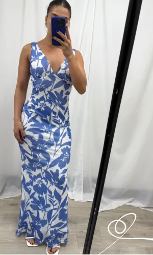 Korah Mesh Maxi Dress-Blue/White Leaf Print