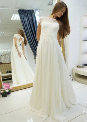 Lace Chiffon A-Line Bateau Keyhole Floor-Length Wedding Dress