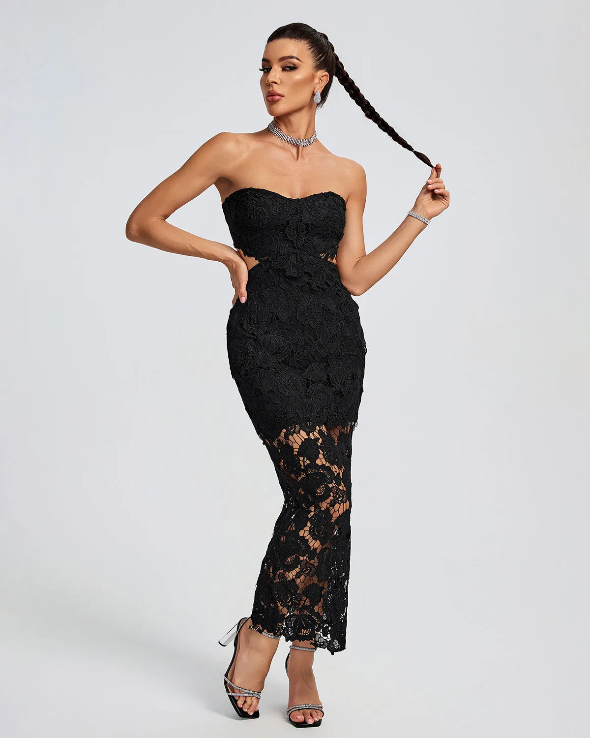 Lace Floral Cutout Bustier Maxi Dress