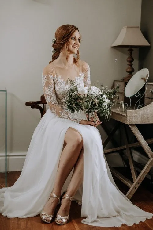 Lace Long Sleeves Beach Bride Dresses with Slit Side