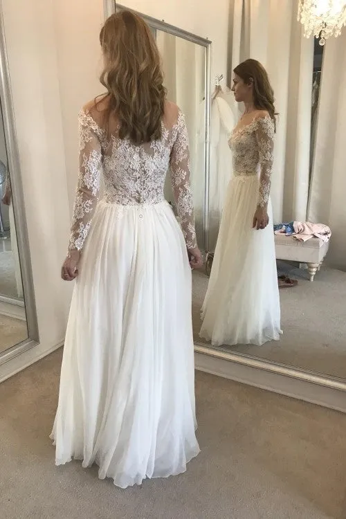 Lace Long Sleeves Beach Bride Dresses with Slit Side