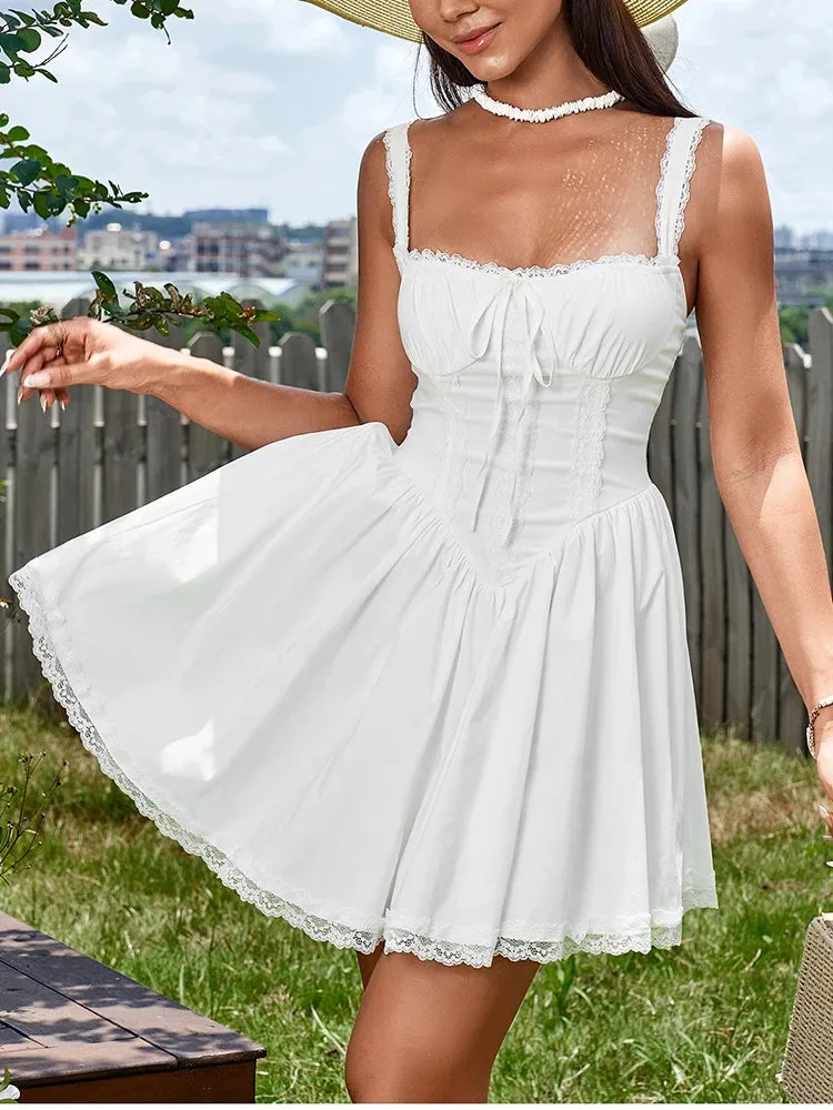 Lace Spaghetti Straps Corset Tie-Up Ruched Dress