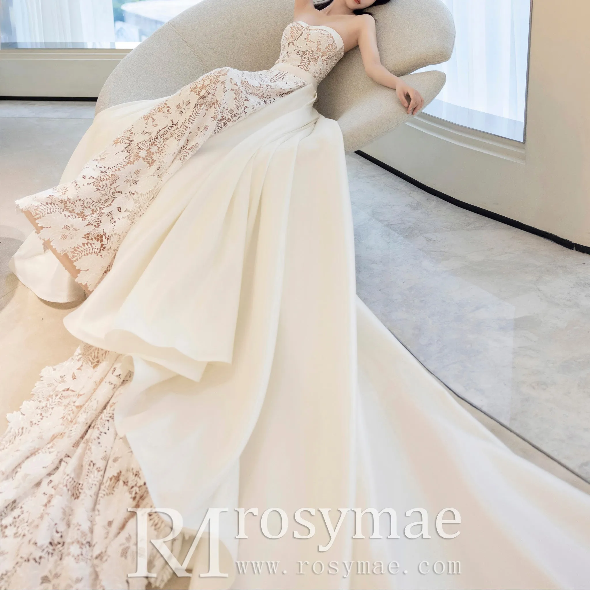 Lace Strapless Mermaid Wedding Dress with Detachable Train