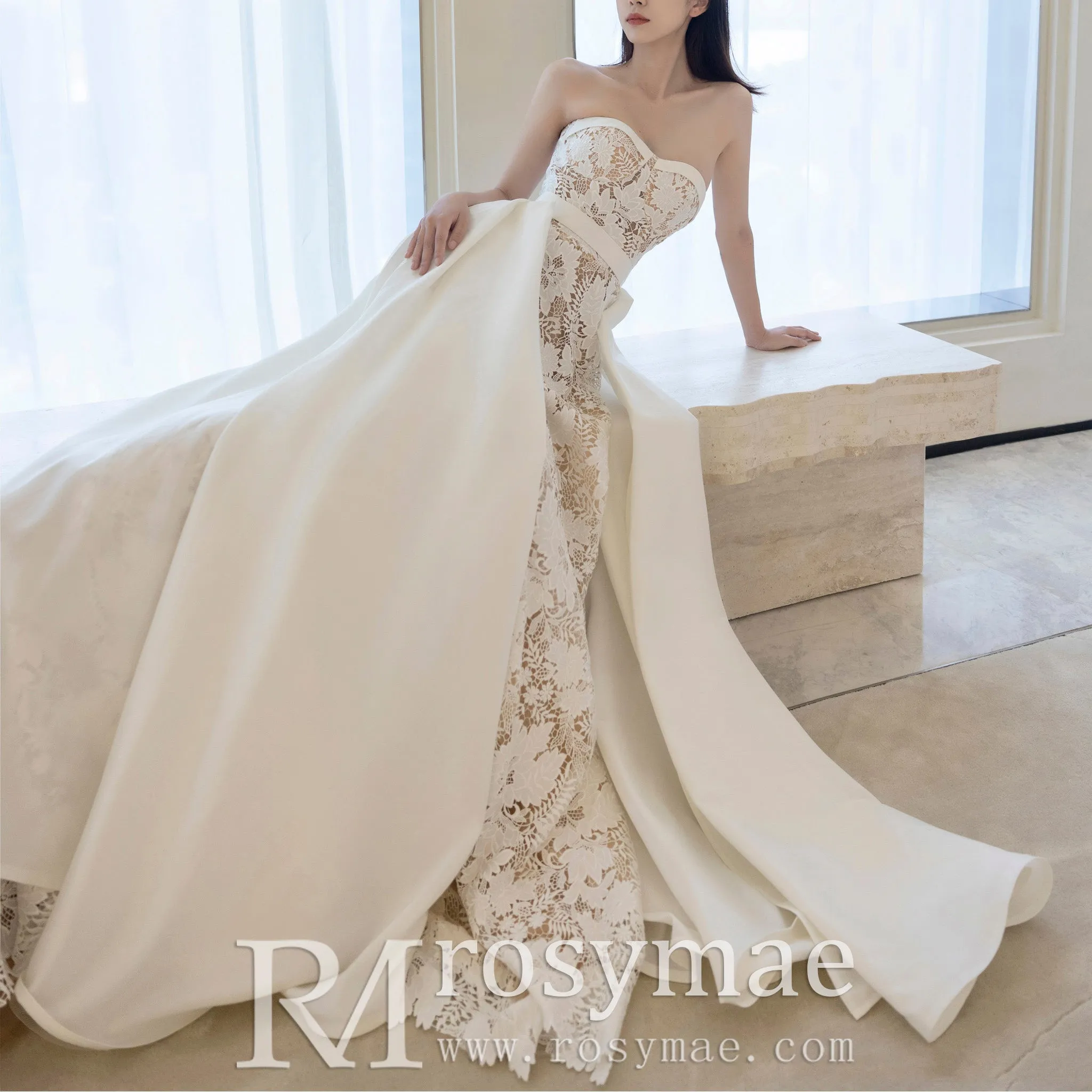 Lace Strapless Mermaid Wedding Dress with Detachable Train