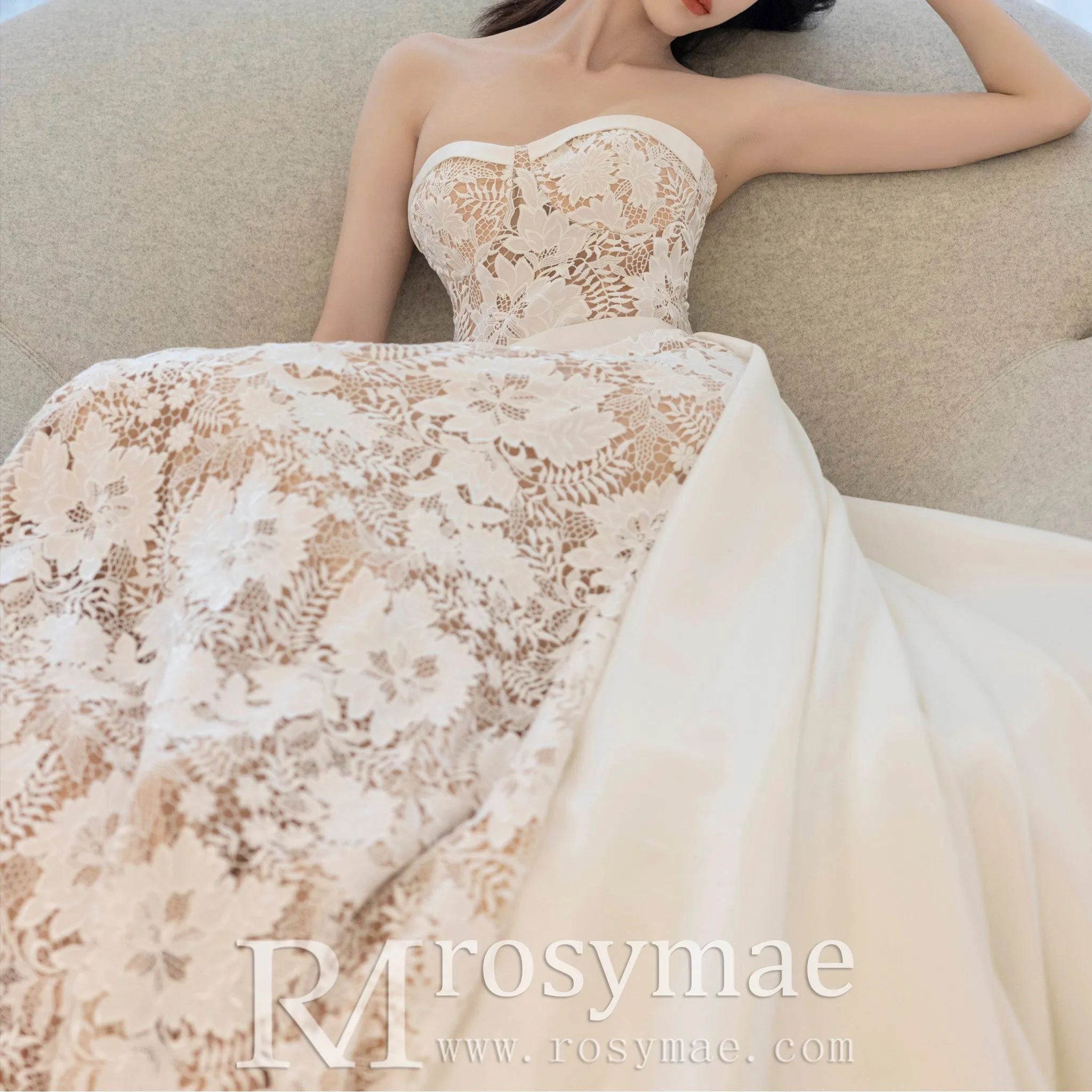 Lace Strapless Mermaid Wedding Dress with Detachable Train