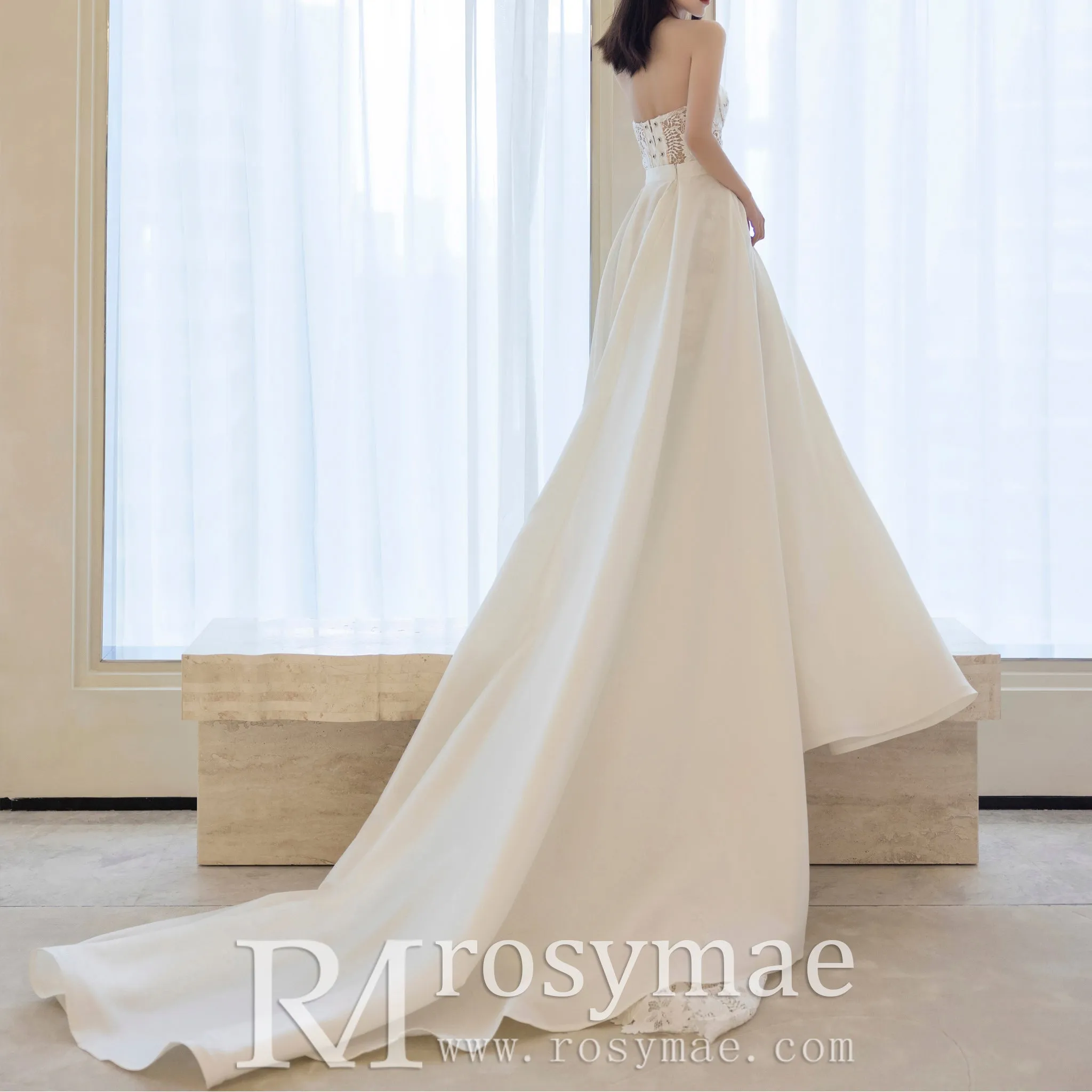 Lace Strapless Mermaid Wedding Dress with Detachable Train