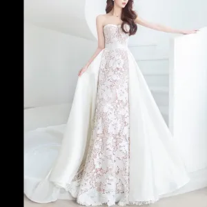 Lace Strapless Mermaid Wedding Dress with Detachable Train