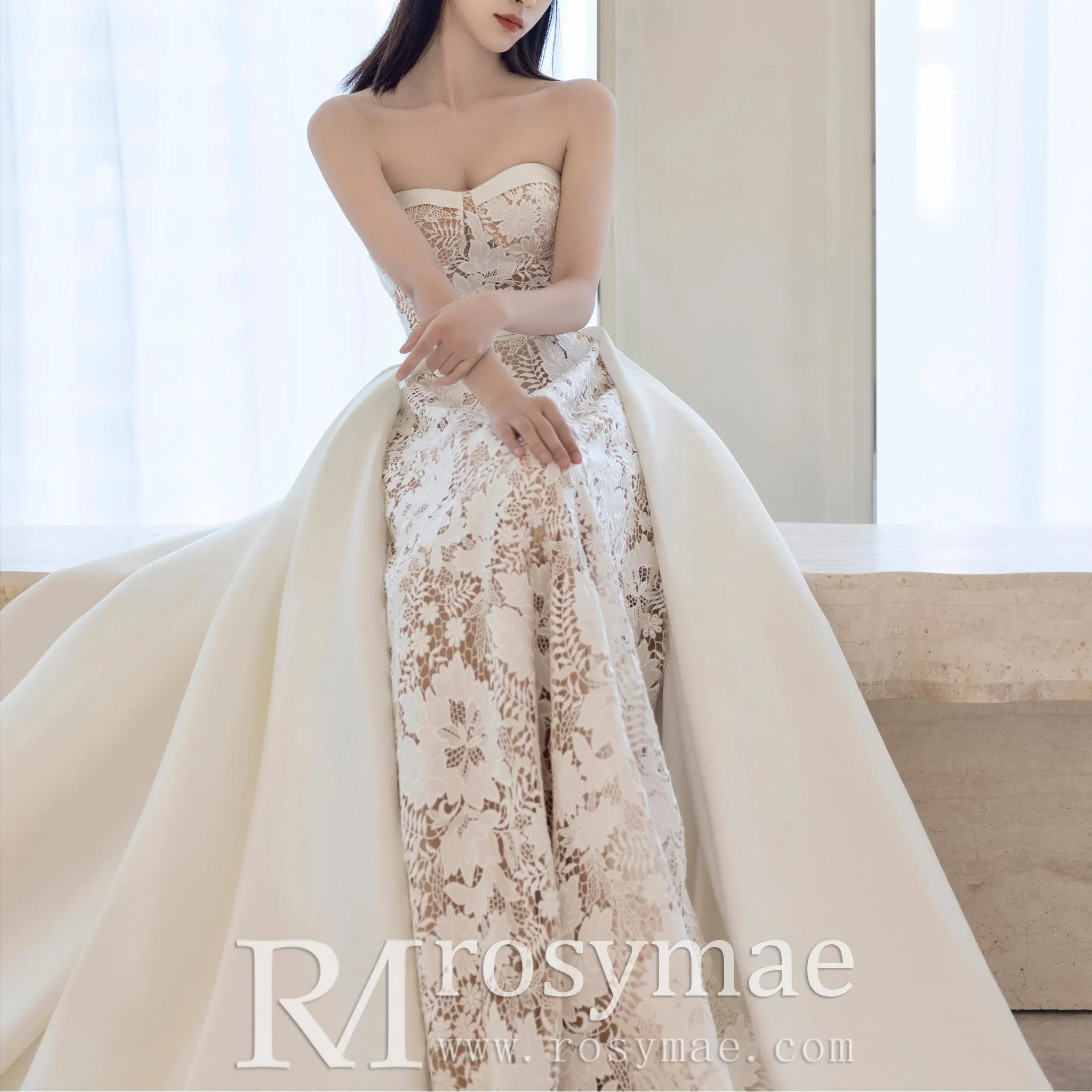 Lace Strapless Mermaid Wedding Dress with Detachable Train