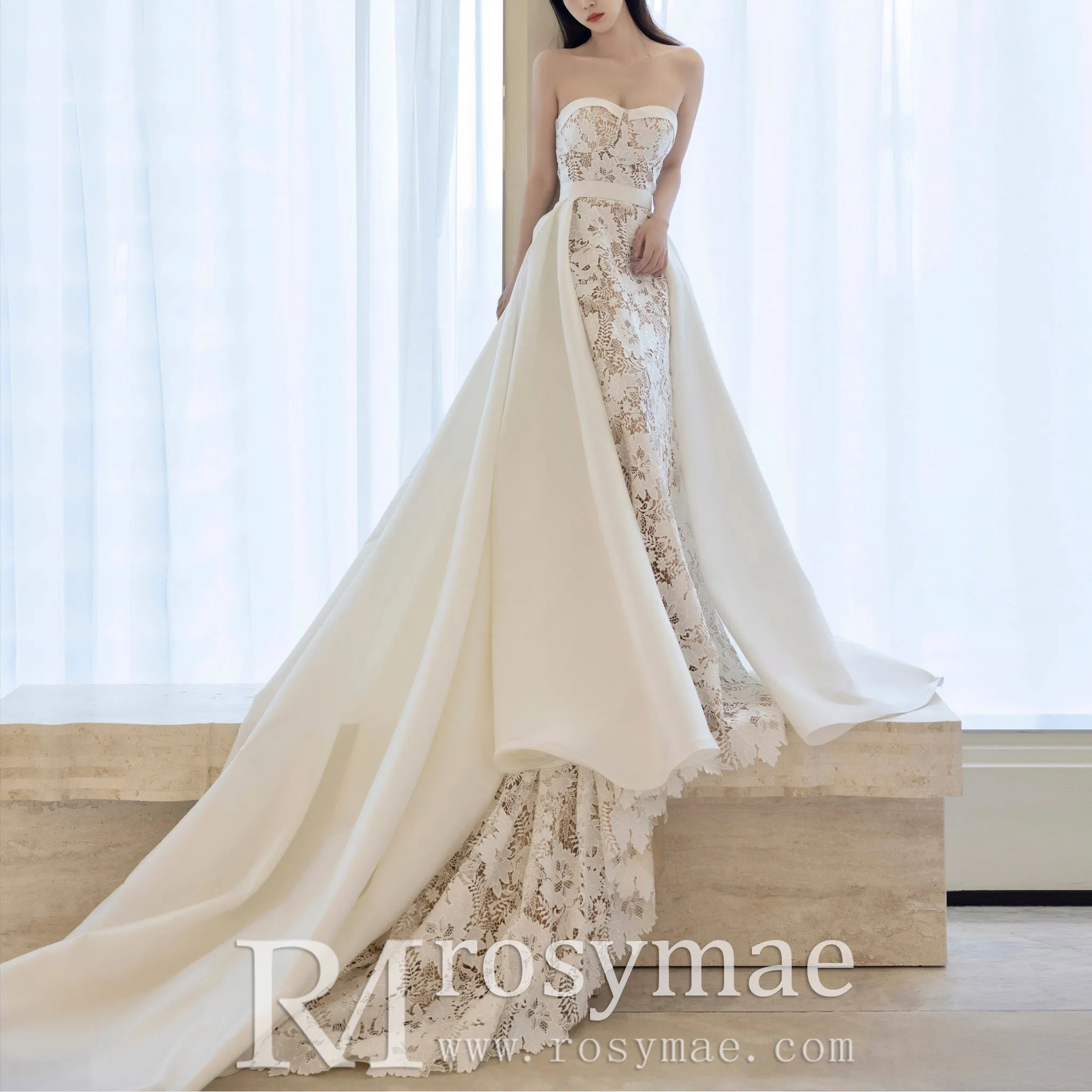 Lace Strapless Mermaid Wedding Dress with Detachable Train