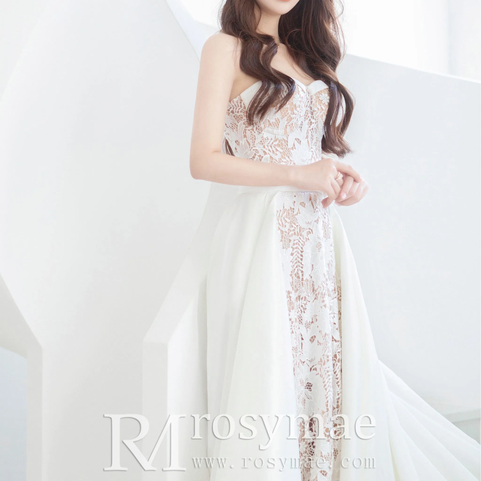 Lace Strapless Mermaid Wedding Dress with Detachable Train