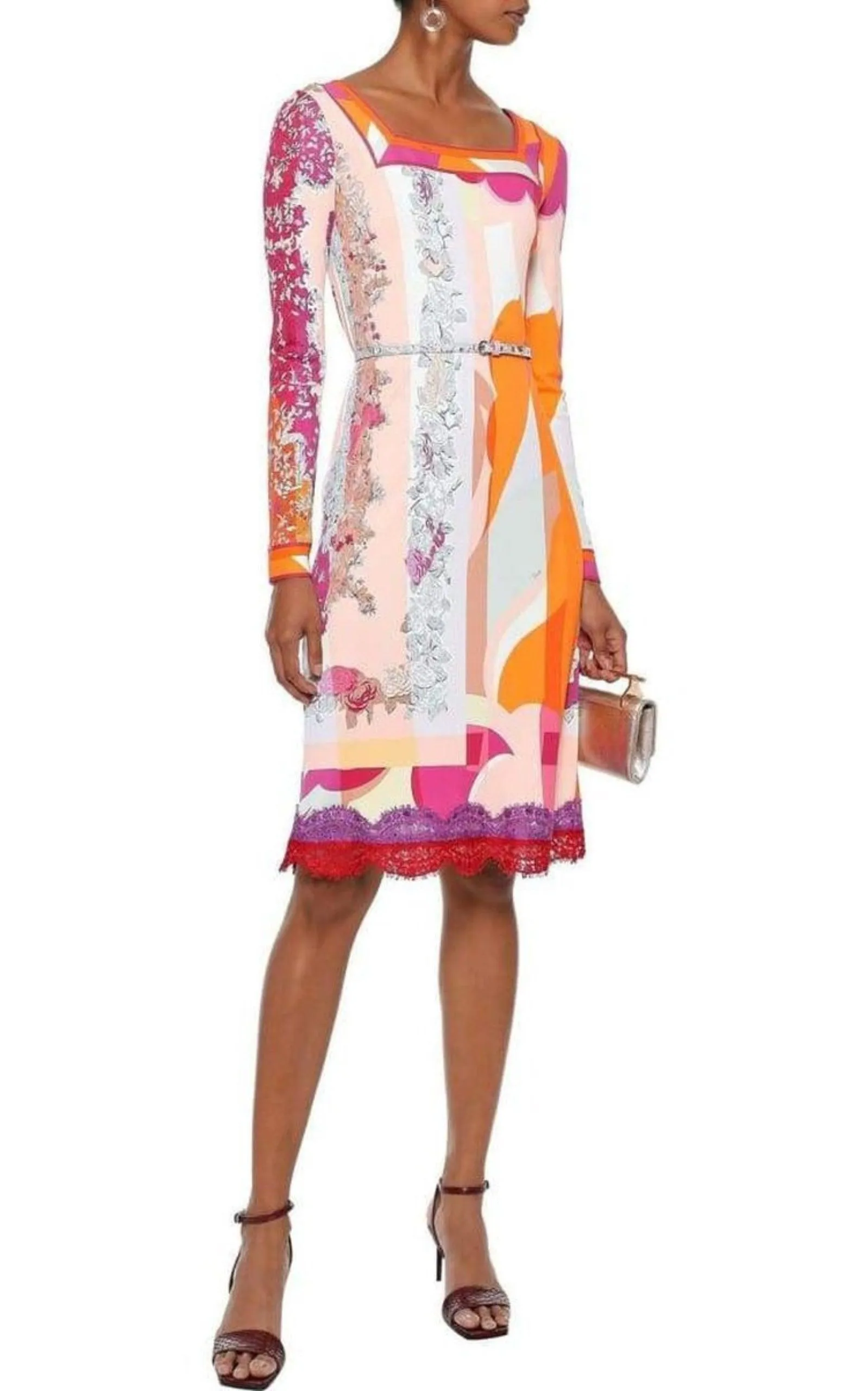 Lace-Trimmed Printed Jersey Dress