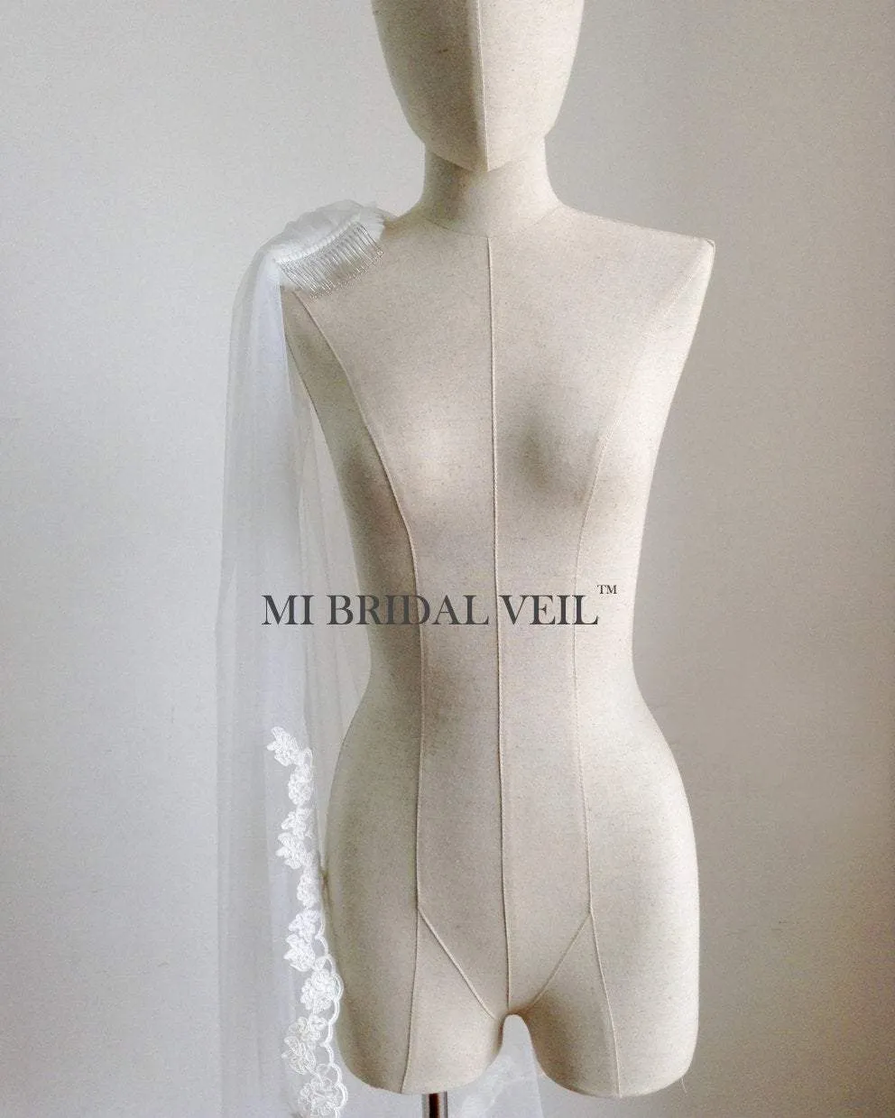 Lace Wedding Veil, Fingertip Single Tier Lace Bridal Veil, Rose Lace at Chest, Mi Bridal