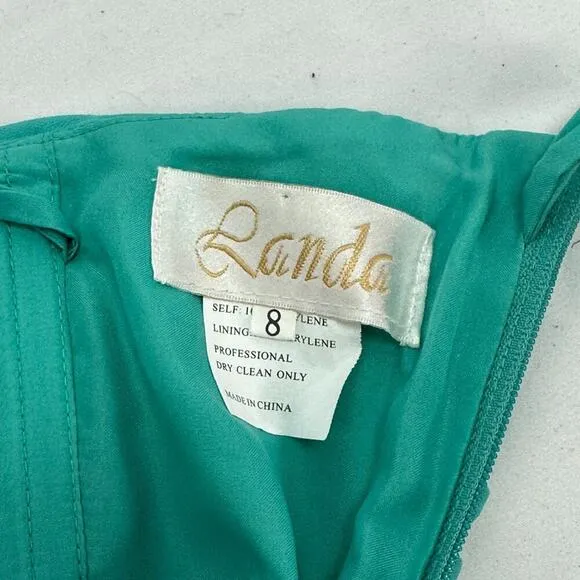 Landa Strapless Ruched Knee Length Dress Turquoise Green With Flower Design Sz 8