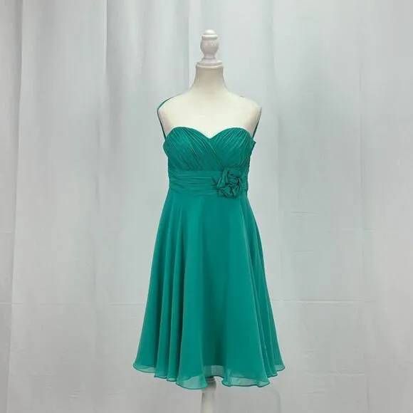 Landa Strapless Ruched Knee Length Dress Turquoise Green With Flower Design Sz 8