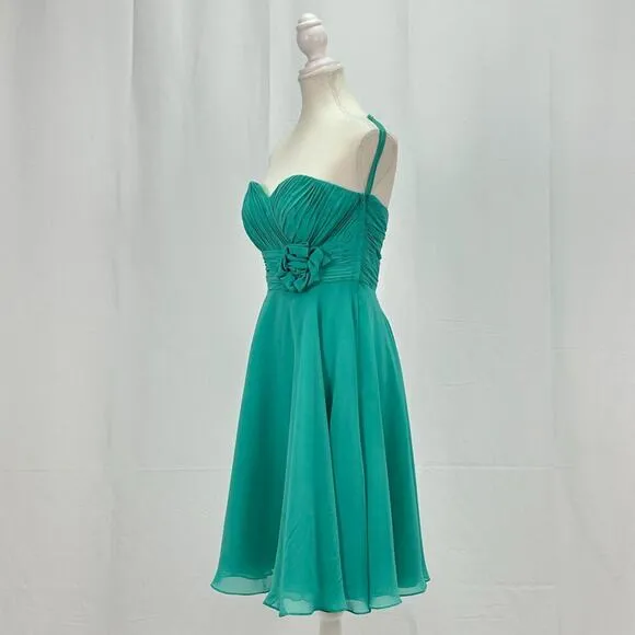 Landa Strapless Ruched Knee Length Dress Turquoise Green With Flower Design Sz 8