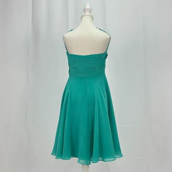 Landa Strapless Ruched Knee Length Dress Turquoise Green With Flower Design Sz 8