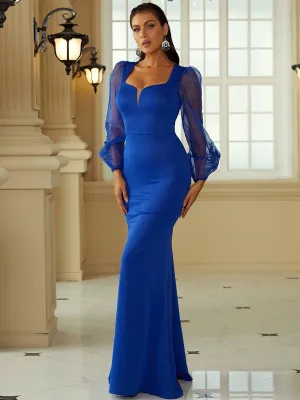 Lantern Sleeves Sweetheart Neck Mermaid Hem Blue Prom Dress XH2203