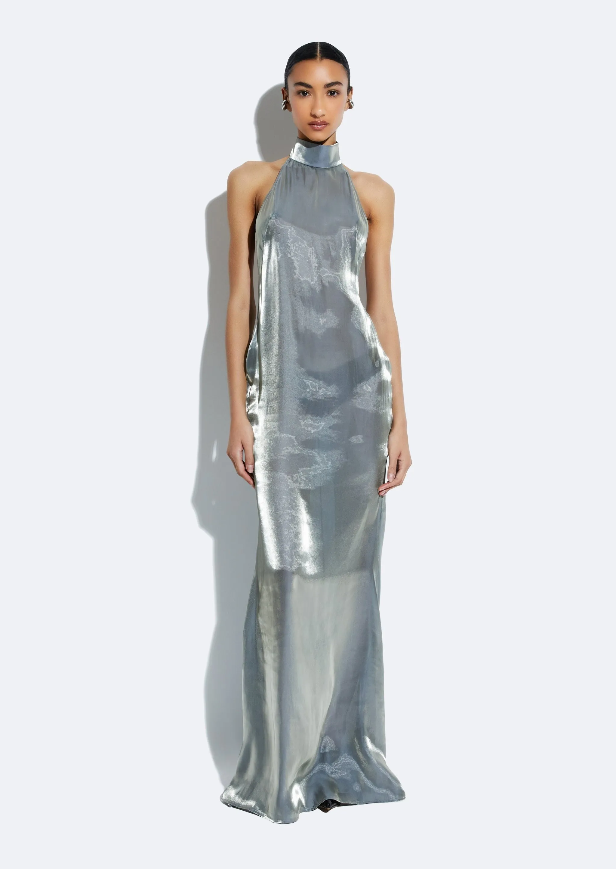 LaPointe Metallic Organza Halter Open-Back Gown in Steel