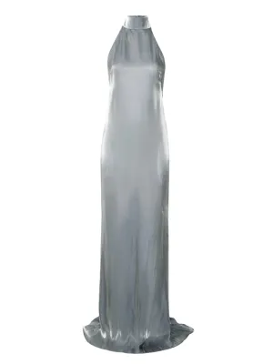 LaPointe Metallic Organza Halter Open-Back Gown in Steel