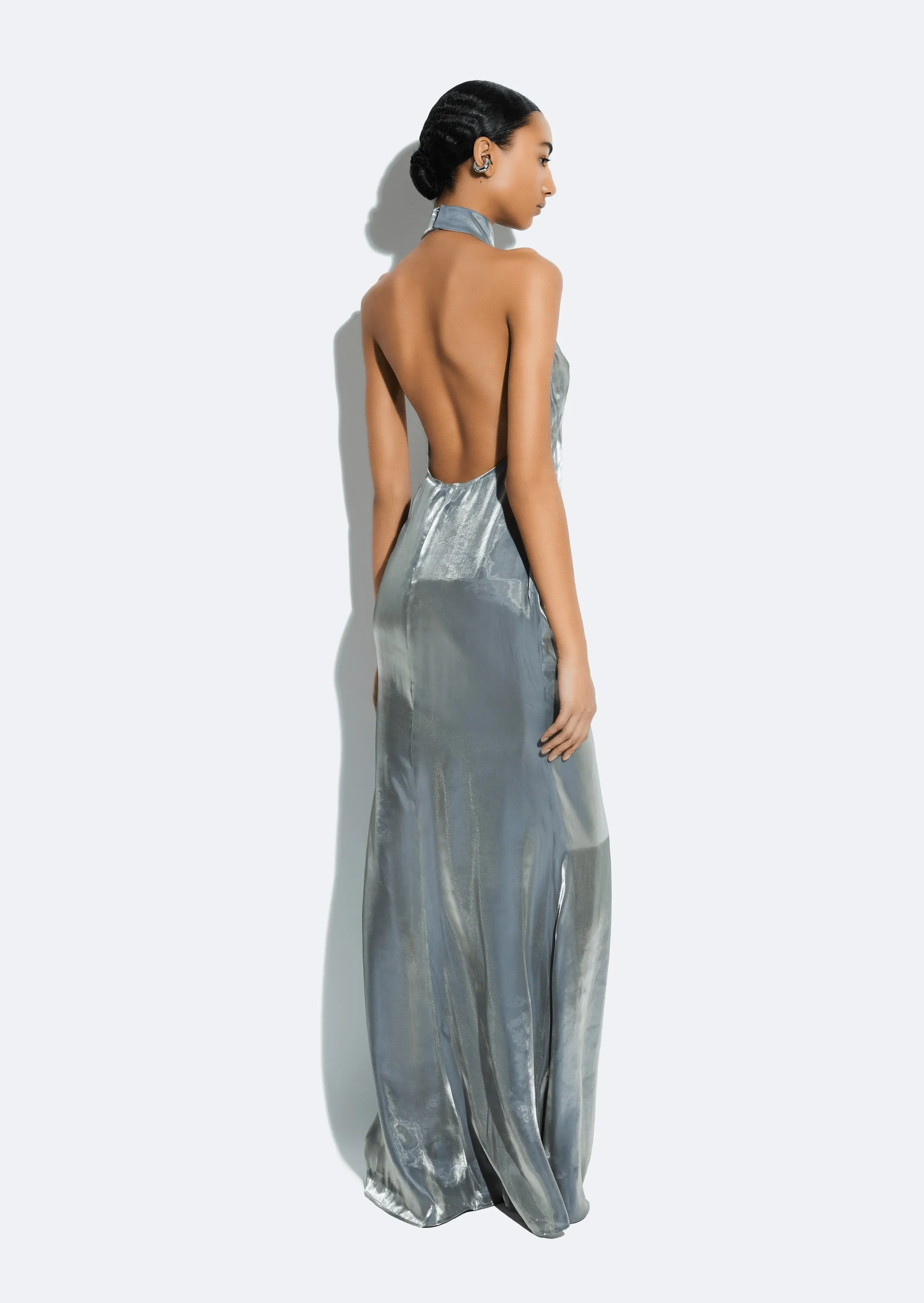 LaPointe Metallic Organza Halter Open-Back Gown in Steel