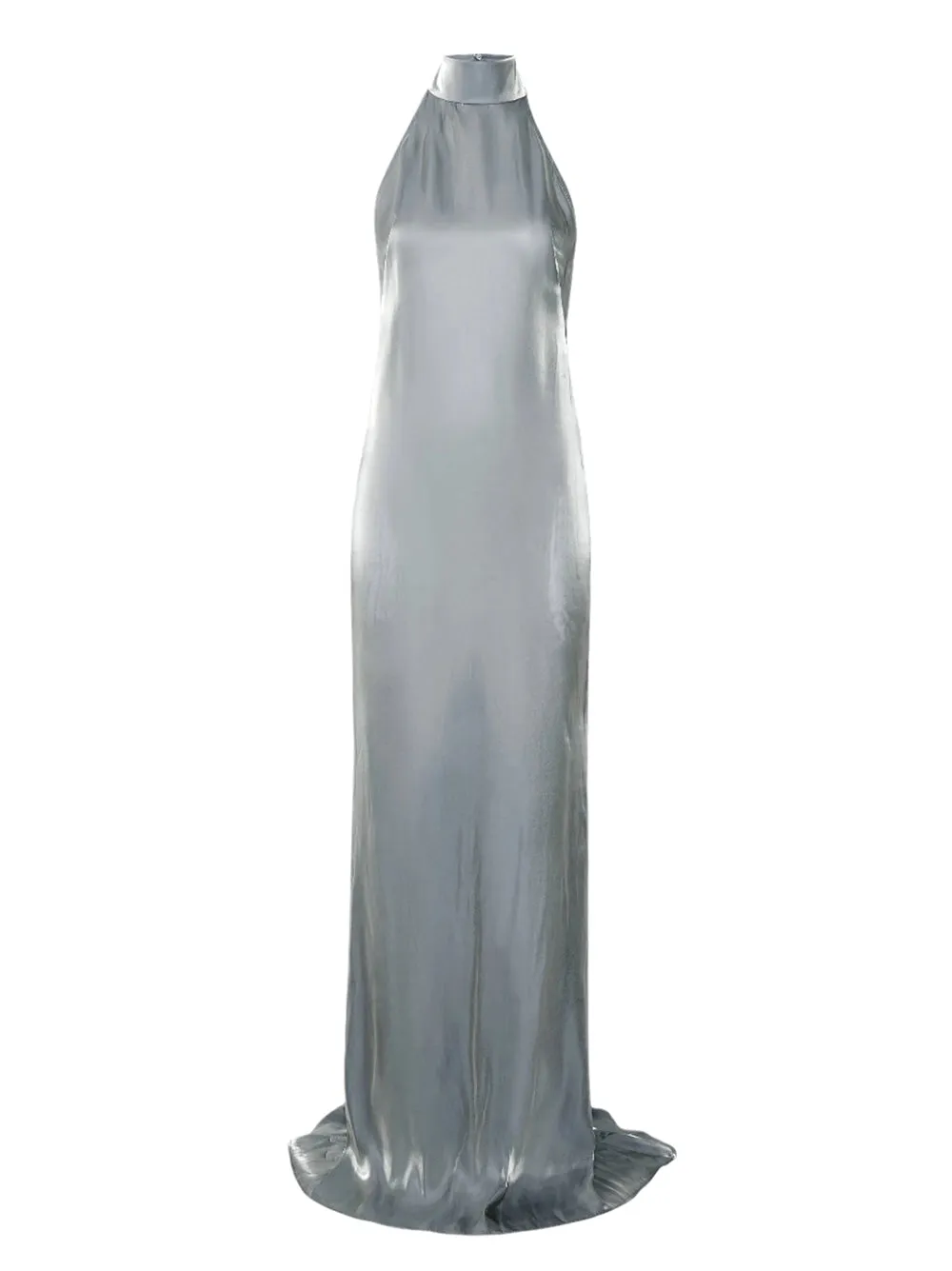LaPointe Metallic Organza Halter Open-Back Gown in Steel