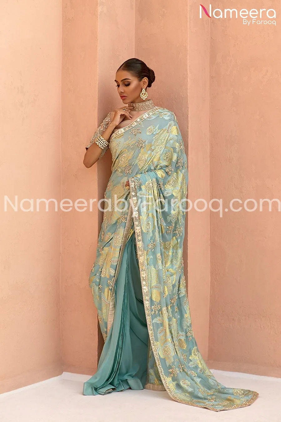 Latest Pakistani Pure Chiffon Floral Print Saree #BR18
