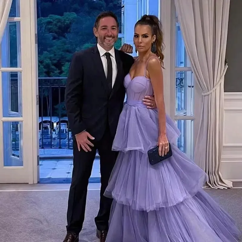 Lavender A Line Tulle Prom Dresses Layered Skirt Evening Gowns Spaghetti Straps Bow Sash Women Formal Party Dress