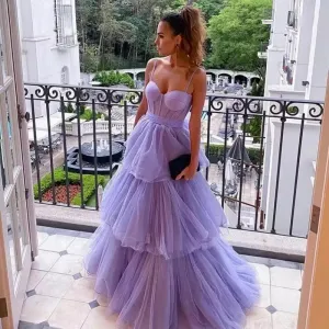 Lavender A Line Tulle Prom Dresses Layered Skirt Evening Gowns Spaghetti Straps Bow Sash Women Formal Party Dress