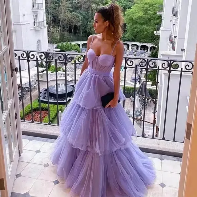 Lavender A Line Tulle Prom Dresses Layered Skirt Evening Gowns Spaghetti Straps Bow Sash Women Formal Party Dress