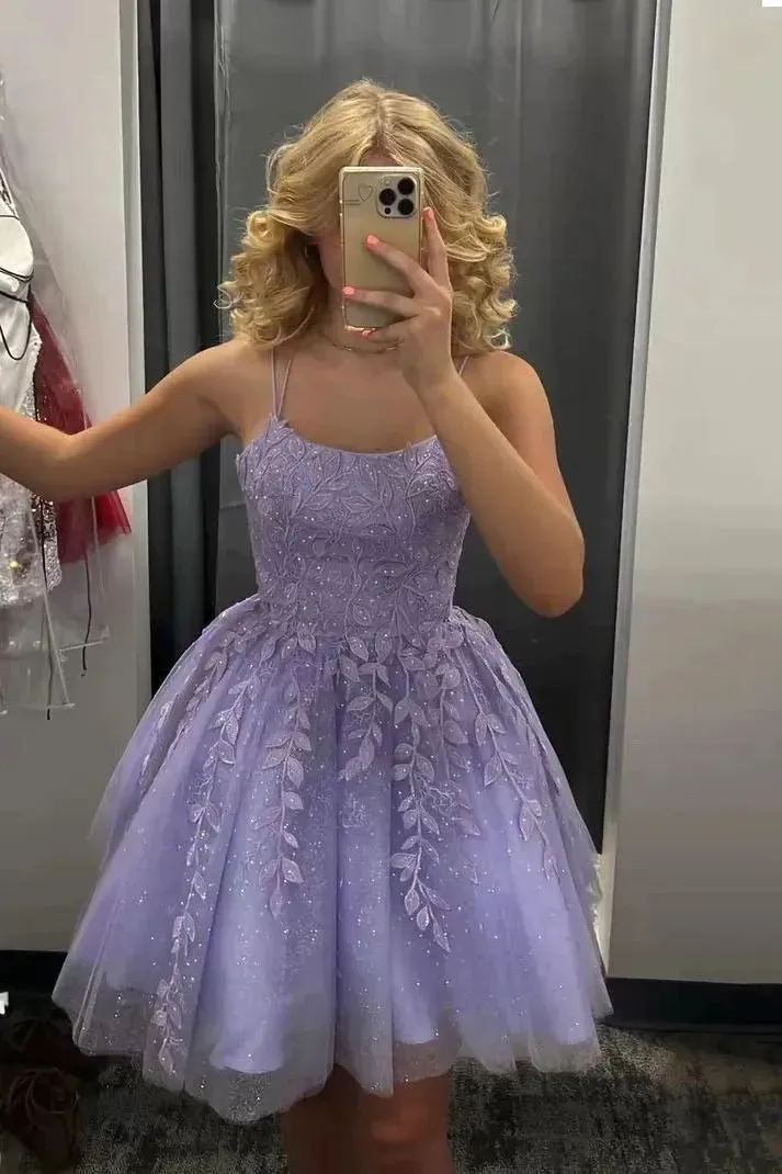 Lavender Shiny Tulle Short Prom Dresses Appliques Lace Corset Back Cocktail Gowns Homecoming Dress Graduation Party