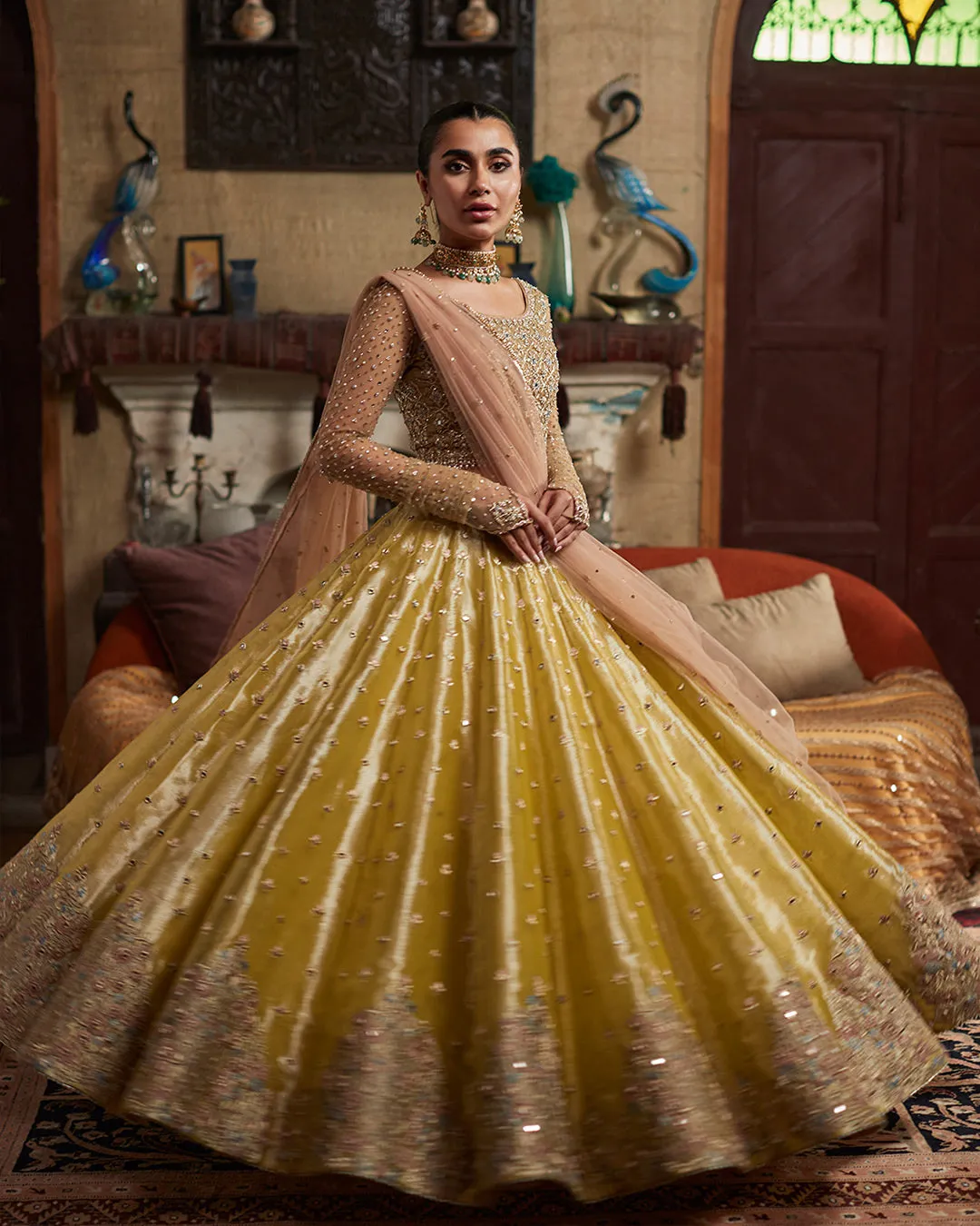 Lehenga Choli and Dupatta Mehndi Dress for Wedding