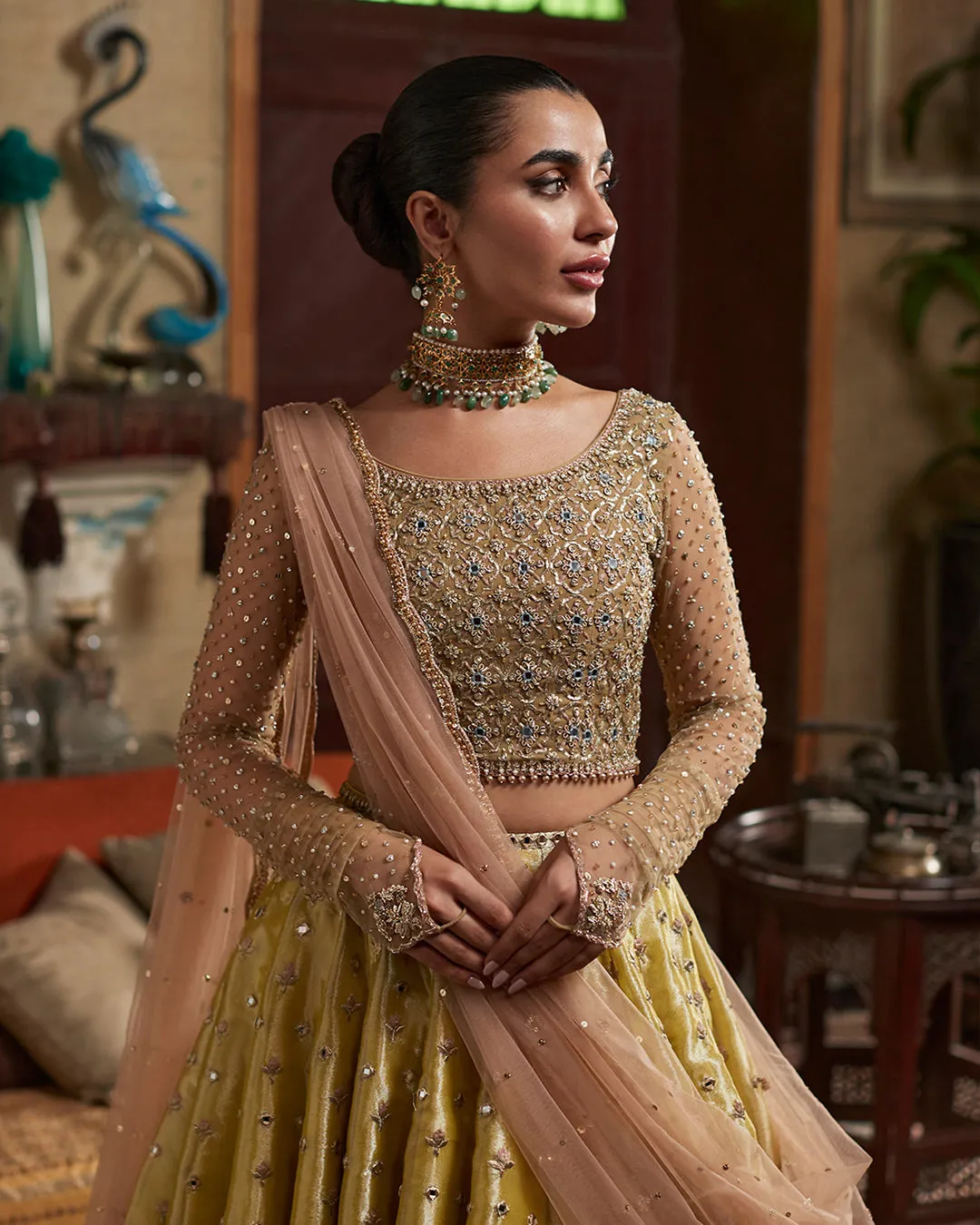 Lehenga Choli and Dupatta Mehndi Dress for Wedding