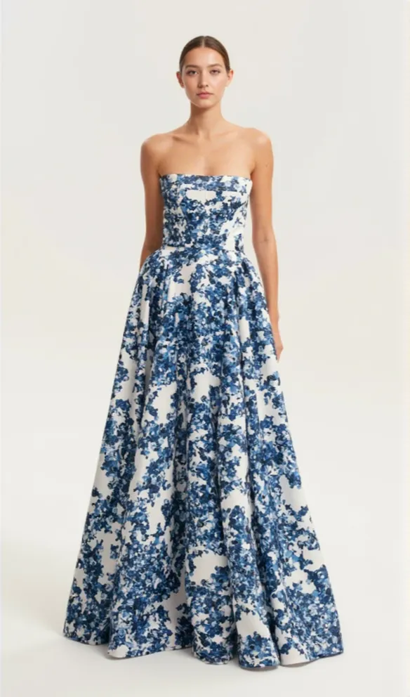 LETITIA BLUE HYDRANGEA STRAPLESS MAXI DRESS