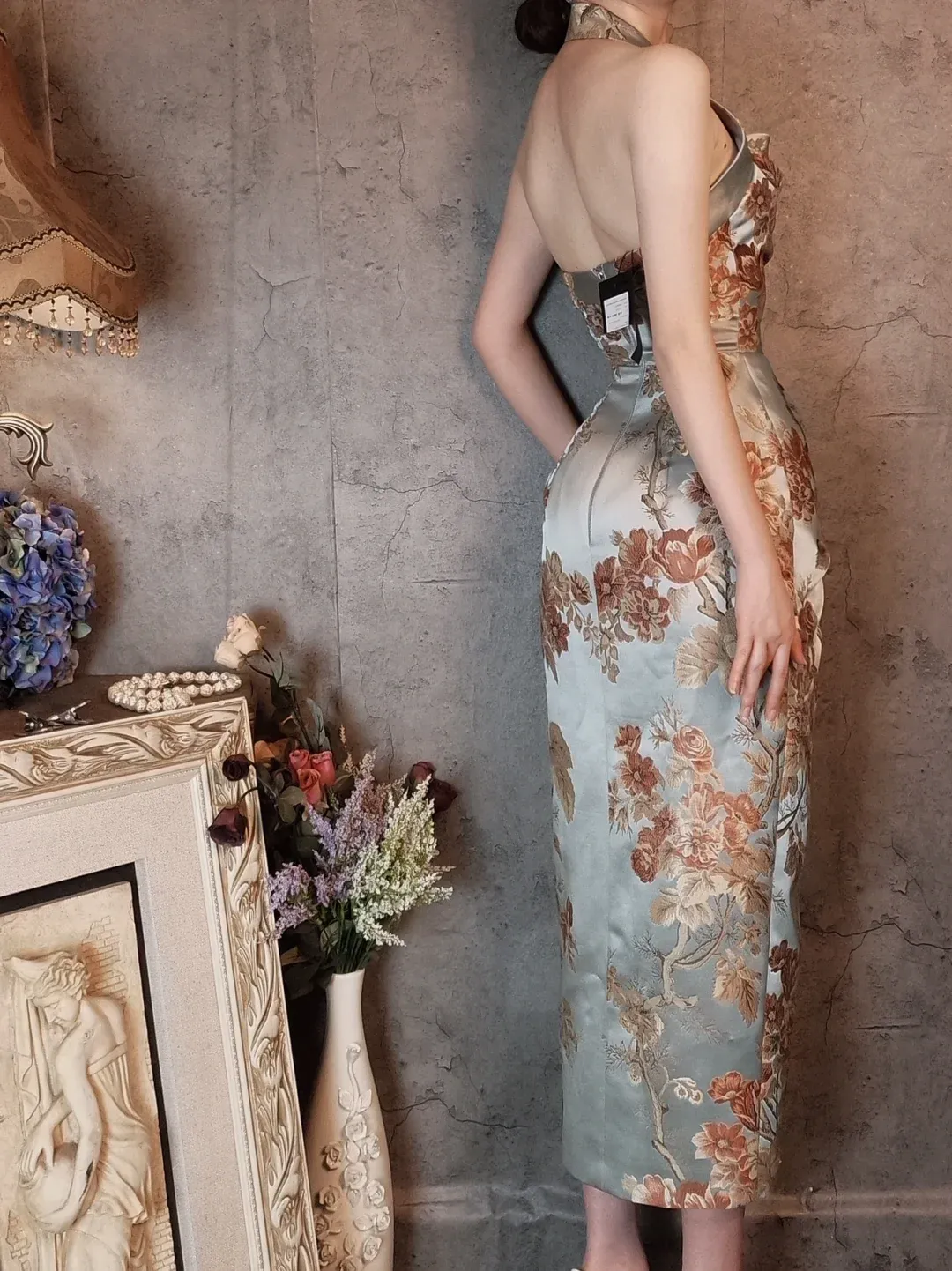 Light Blue Halter Neck Embroidery Sheath Retro Evening Party Dresses, D1166