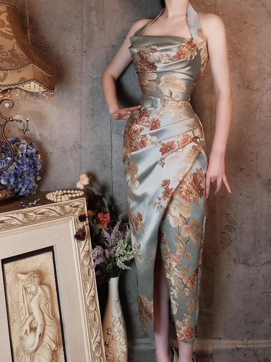Light Blue Halter Neck Embroidery Sheath Retro Evening Party Dresses, D1166