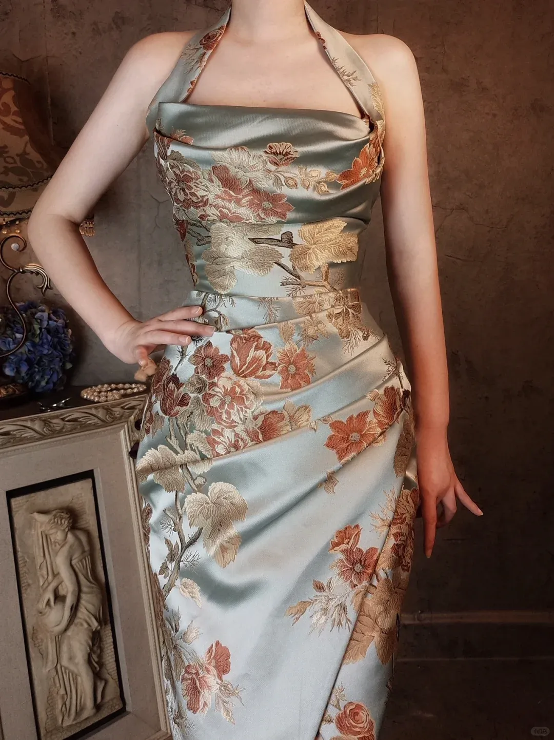 Light Blue Halter Neck Embroidery Sheath Retro Evening Party Dresses, D1166