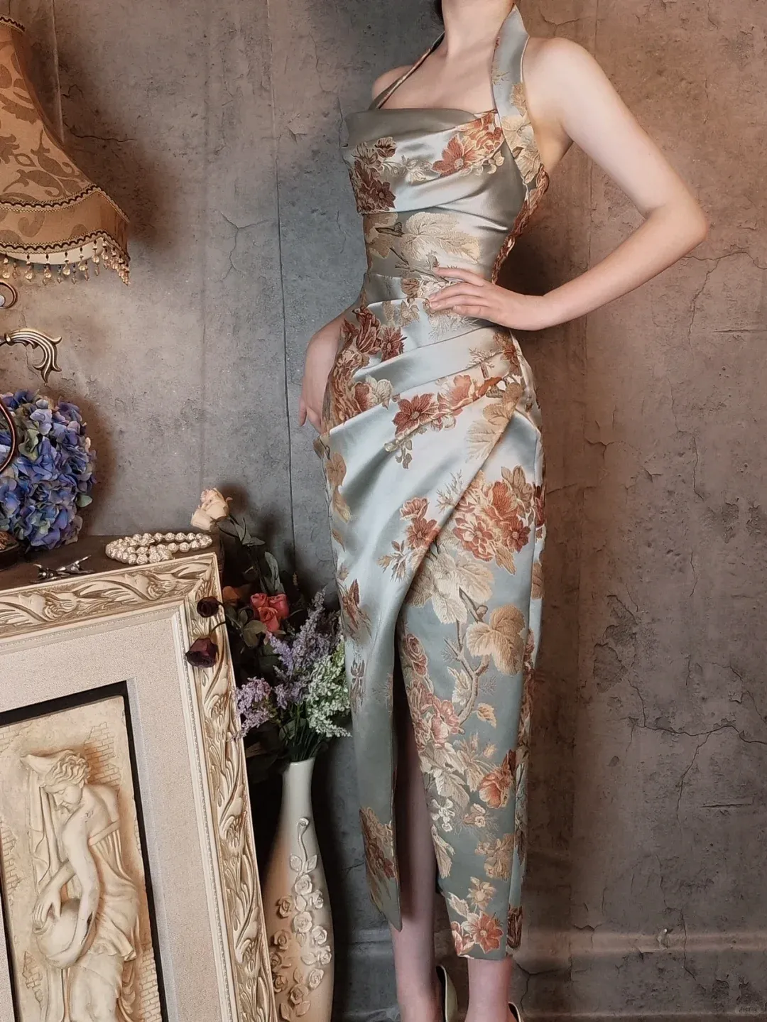 Light Blue Halter Neck Embroidery Sheath Retro Evening Party Dresses, D1166