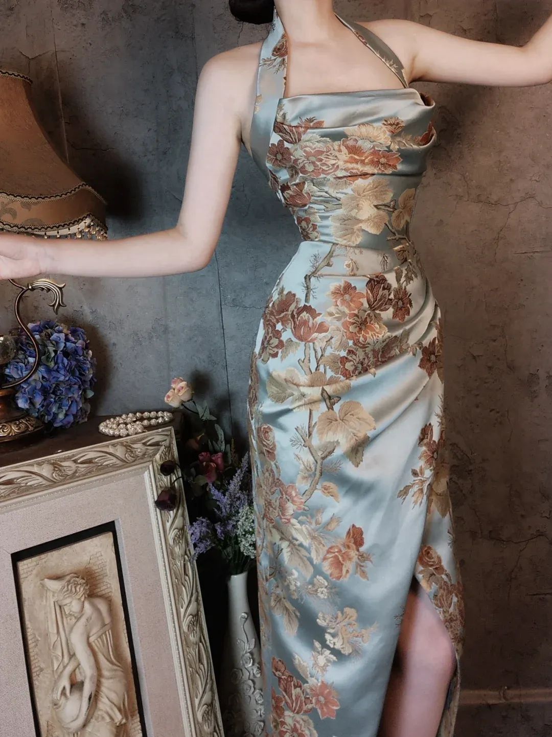 Light Blue Halter Neck Embroidery Sheath Retro Evening Party Dresses, D1166