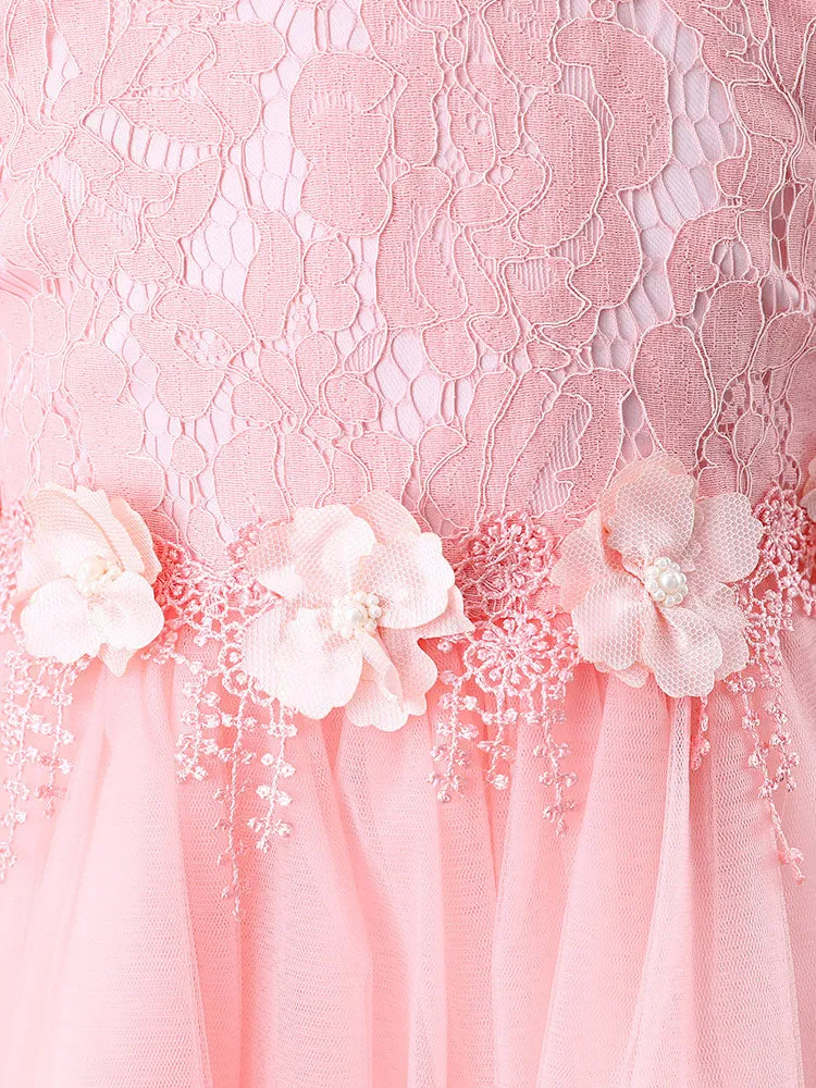 Light Pink Jewel Neck Long Sleeves Beaded Tulle Lace Kids Social Party Dresses