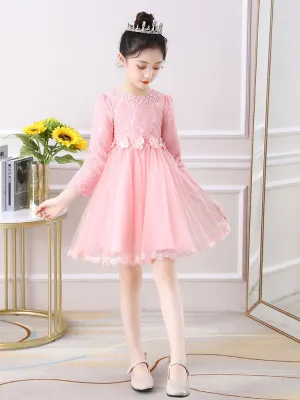 Light Pink Jewel Neck Long Sleeves Beaded Tulle Lace Kids Social Party Dresses