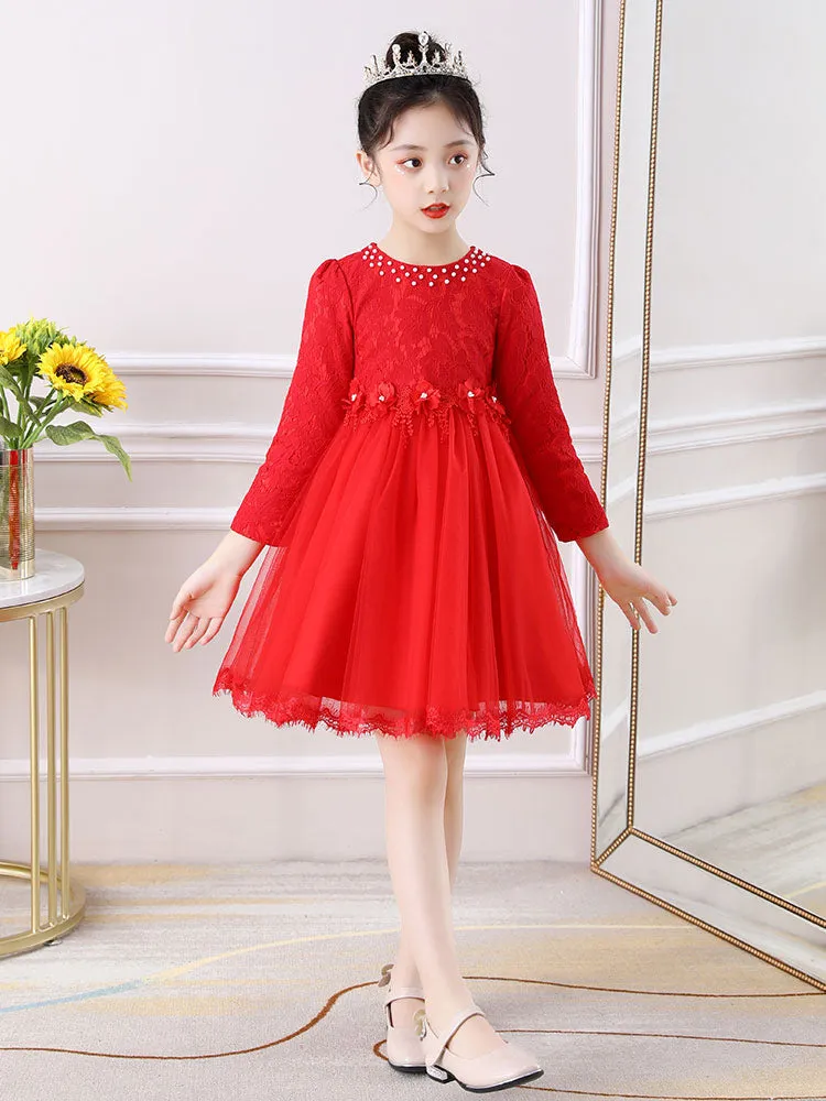 Light Pink Jewel Neck Long Sleeves Beaded Tulle Lace Kids Social Party Dresses