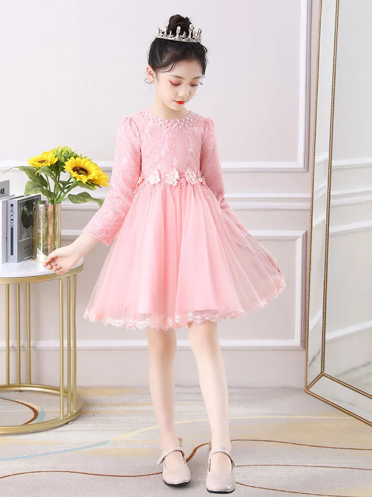 Light Pink Jewel Neck Long Sleeves Beaded Tulle Lace Kids Social Party Dresses