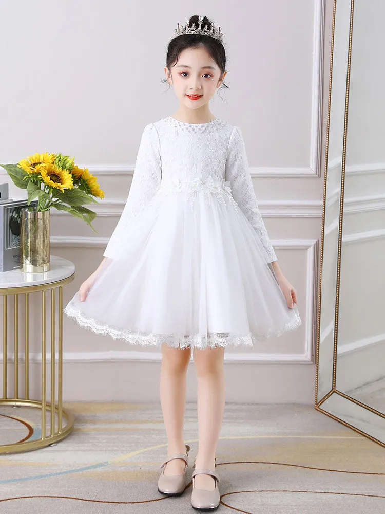 Light Pink Jewel Neck Long Sleeves Beaded Tulle Lace Kids Social Party Dresses