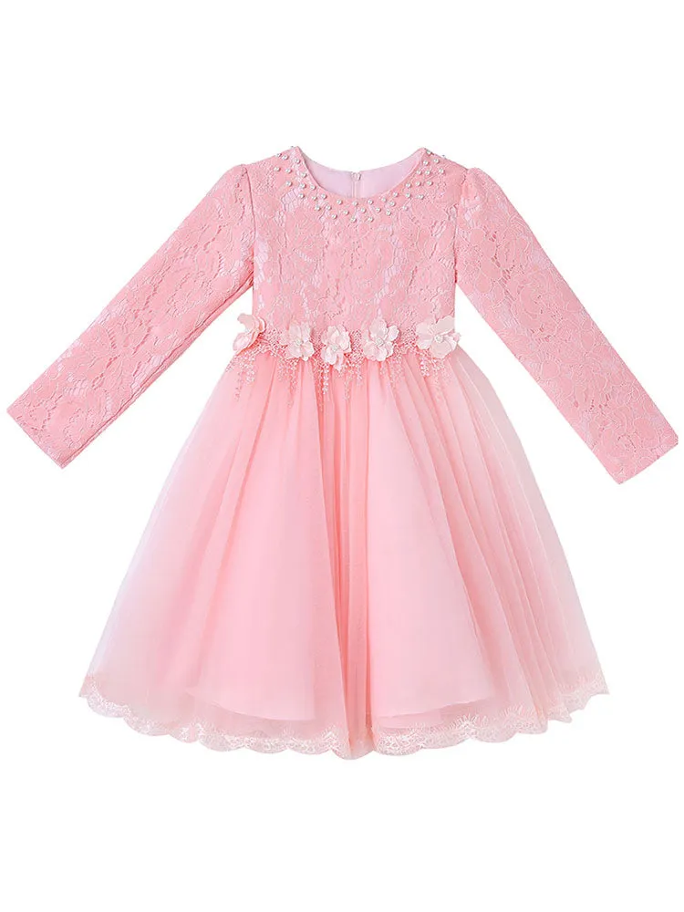 Light Pink Jewel Neck Long Sleeves Beaded Tulle Lace Kids Social Party Dresses