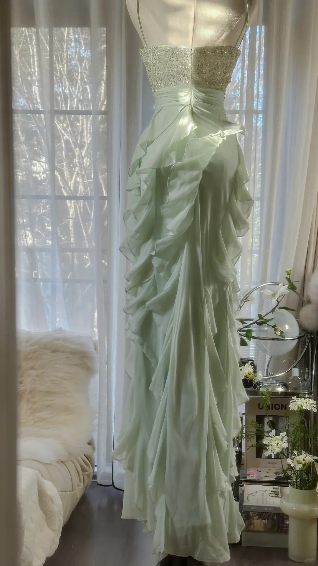 Light Sage Straps Beading Ruffles Long Evening Gown Vintage Party Dress, D727